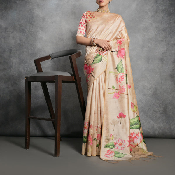 Jyoti Fashion Women's Cream Soft Tussar Silk Floral Printed Saree with Blouse - Distacart