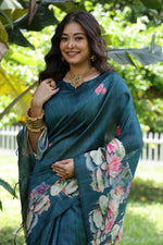 Thumbnail for Jyoti Fashion Women's Teal Soft Tussar Silk Floral Printed Saree with Blouse - Distacart