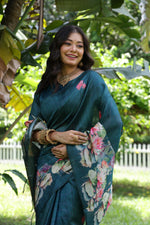 Thumbnail for Jyoti Fashion Women's Teal Soft Tussar Silk Floral Printed Saree with Blouse - Distacart
