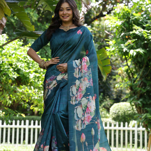Jyoti Fashion Women's Teal Soft Tussar Silk Floral Printed Saree with Blouse - Distacart
