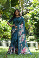Thumbnail for Jyoti Fashion Women's Teal Soft Tussar Silk Floral Printed Saree with Blouse - Distacart