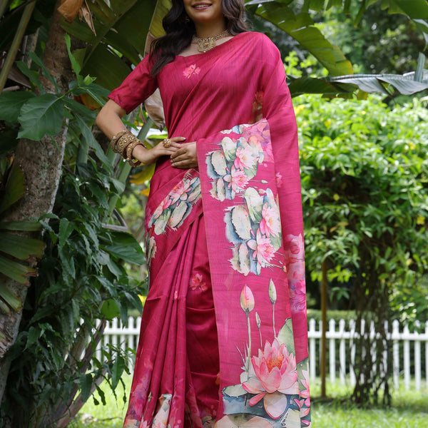 Jyoti Fashion Women's Rani Pink Soft Tussar Silk Floral Printed Saree with Blouse - Distacart