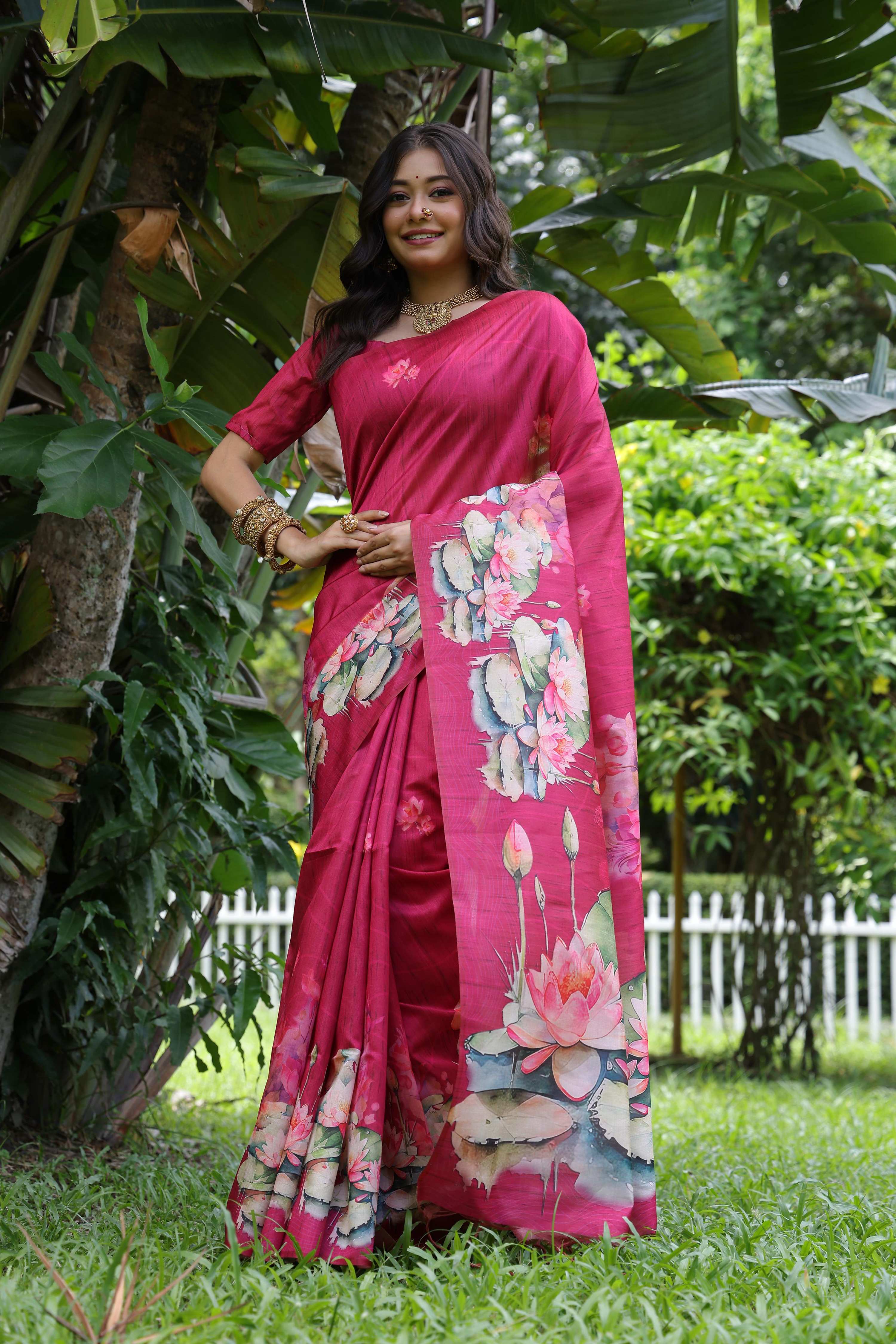 Jyoti Fashion Women's Rani Pink Soft Tussar Silk Floral Printed Saree with Blouse - Distacart
