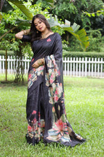 Thumbnail for Jyoti Fashion Women's Black Soft Tussar Silk Floral Printed Saree with Blouse - Distacart