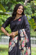 Thumbnail for Jyoti Fashion Women's Black Soft Tussar Silk Floral Printed Saree with Blouse - Distacart