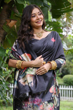 Thumbnail for Jyoti Fashion Women's Black Soft Tussar Silk Floral Printed Saree with Blouse - Distacart