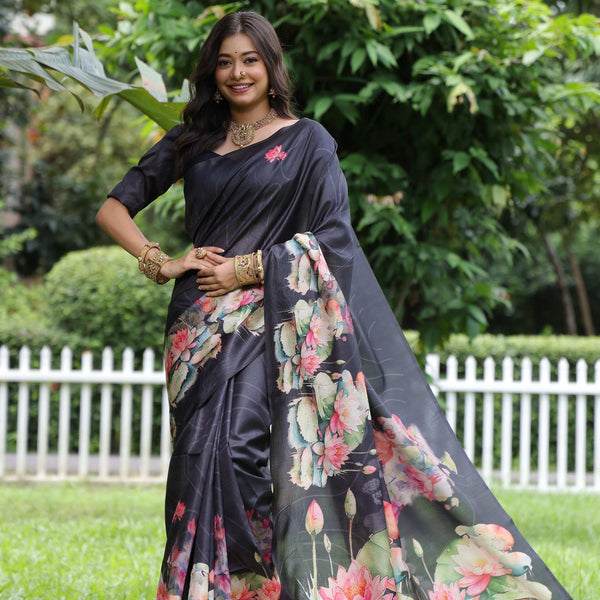 Jyoti Fashion Women's Black Soft Tussar Silk Floral Printed Saree with Blouse - Distacart