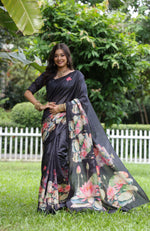 Thumbnail for Jyoti Fashion Women's Black Soft Tussar Silk Floral Printed Saree with Blouse - Distacart