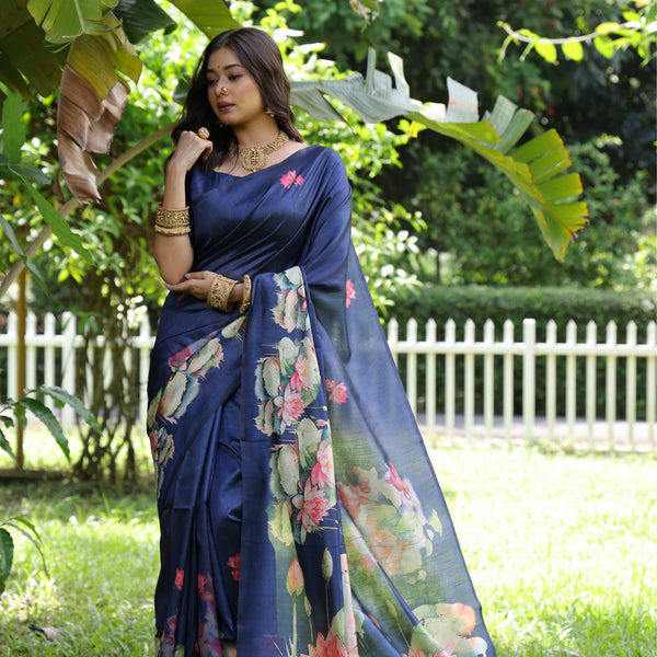 Jyoti Fashion Women's Blue Soft Tussar Silk Floral Printed Saree with Blouse - Distacart