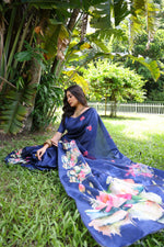 Thumbnail for Jyoti Fashion Women's Blue Soft Tussar Silk Floral Printed Saree with Blouse - Distacart