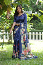 Thumbnail for Jyoti Fashion Women's Blue Soft Tussar Silk Floral Printed Saree with Blouse - Distacart