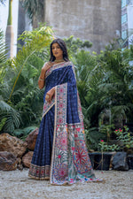 Thumbnail for Jyoti Fashion Women's Navy Blue Soft Tussar Silk Madhubani Printed Saree with Blouse - Distacart