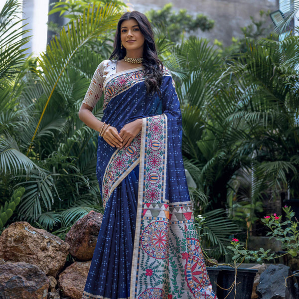 Jyoti Fashion Women's Navy Blue Soft Tussar Silk Madhubani Printed Saree with Blouse - Distacart