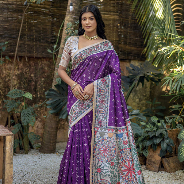 Jyoti Fashion Women's Purple Soft Tussar Silk Madhubani Printed Saree with Blouse - Distacart