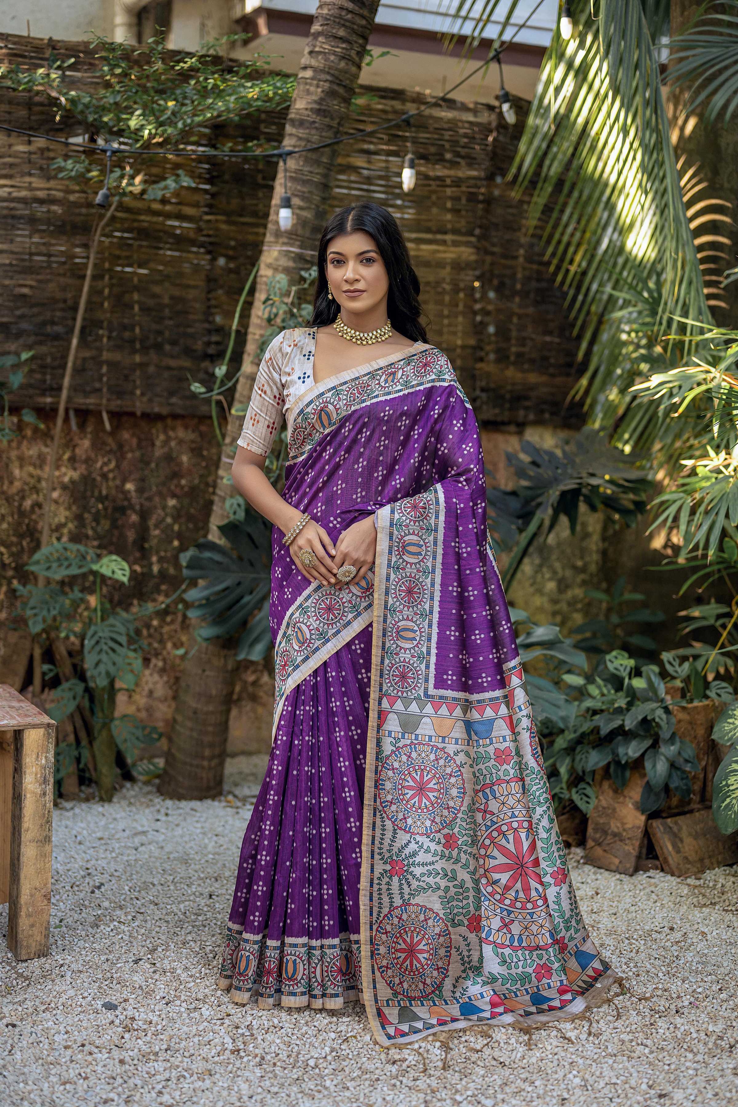 Jyoti Fashion Women's Purple Soft Tussar Silk Madhubani Printed Saree with Blouse - Distacart