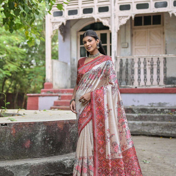 Jyoti Fashion Women's Maroon Soft Tussar Silk Floral Printed Saree with Blouse - Distacart