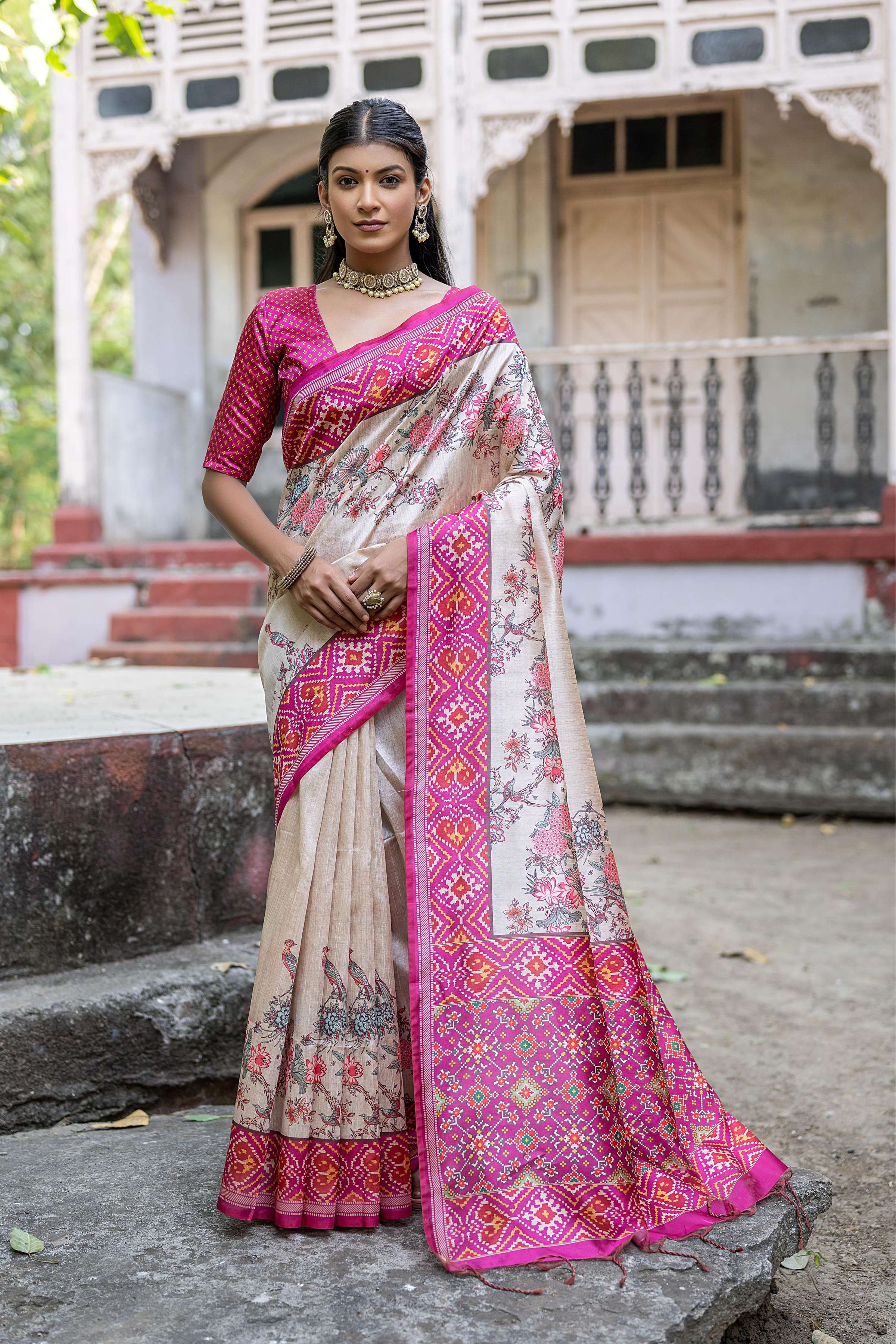 Jyoti Fashion Women's Pink Soft Tussar Silk Floral Printed Saree with Blouse - Distacart