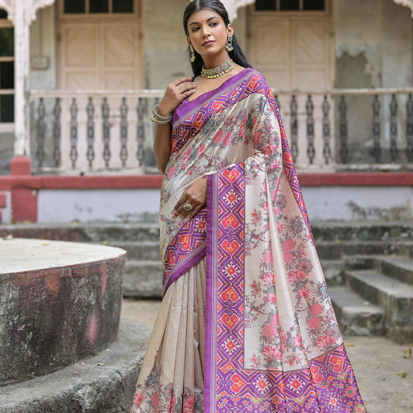 Jyoti Fashion Women's Lavender Soft Tussar Silk Floral Printed Saree with Blouse - Distacart