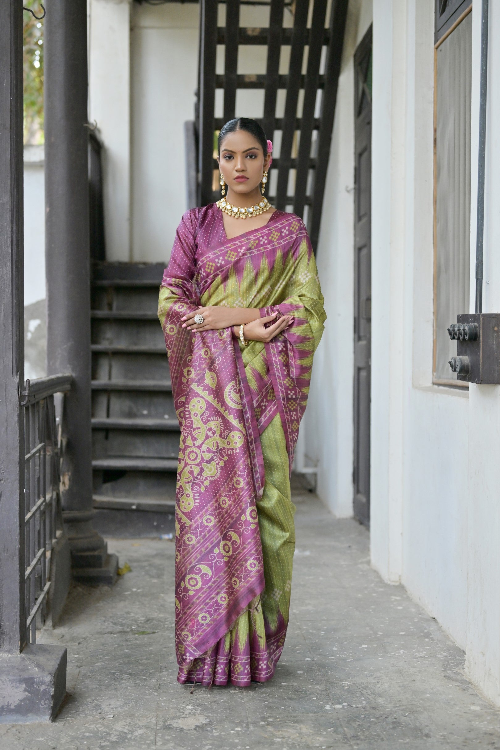Jyoti Fashion Women's Green Soft Tussar Silk Temple Border Saree with Blouse - Distacart