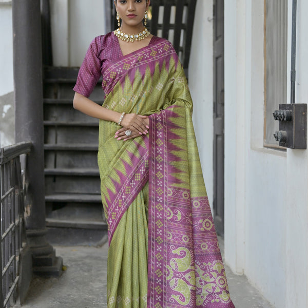 Jyoti Fashion Women's Green Soft Tussar Silk Temple Border Saree with Blouse - Distacart