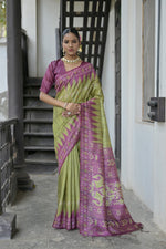 Thumbnail for Jyoti Fashion Women's Green Soft Tussar Silk Temple Border Saree with Blouse - Distacart