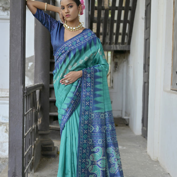 Jyoti Fashion Women's Sea Green Soft Tussar Silk Temple Border Saree with Blouse - Distacart