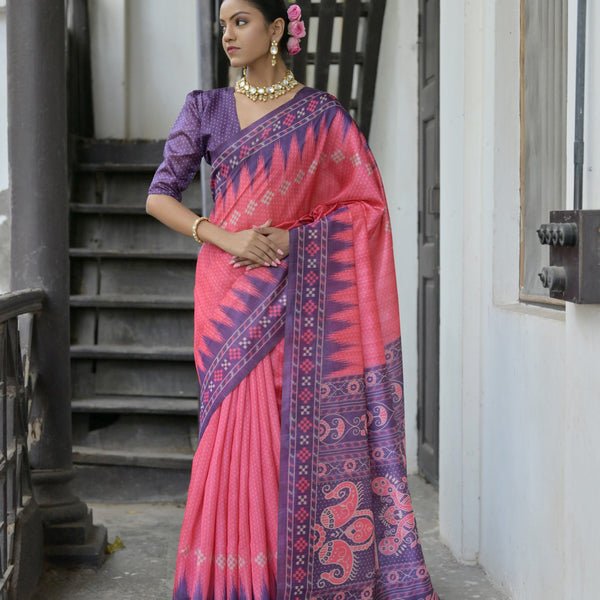 Jyoti Fashion Women's Pink Soft Tussar Silk Temple Border Saree with Blouse - Distacart