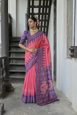 Thumbnail for Jyoti Fashion Women's Pink Soft Tussar Silk Temple Border Saree with Blouse - Distacart