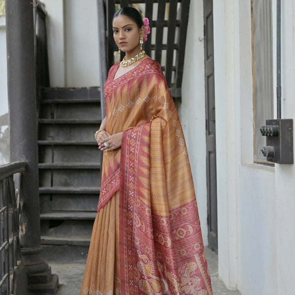 Jyoti Fashion Women's Mustard Soft Tussar Silk Temple Border Saree with Blouse - Distacart