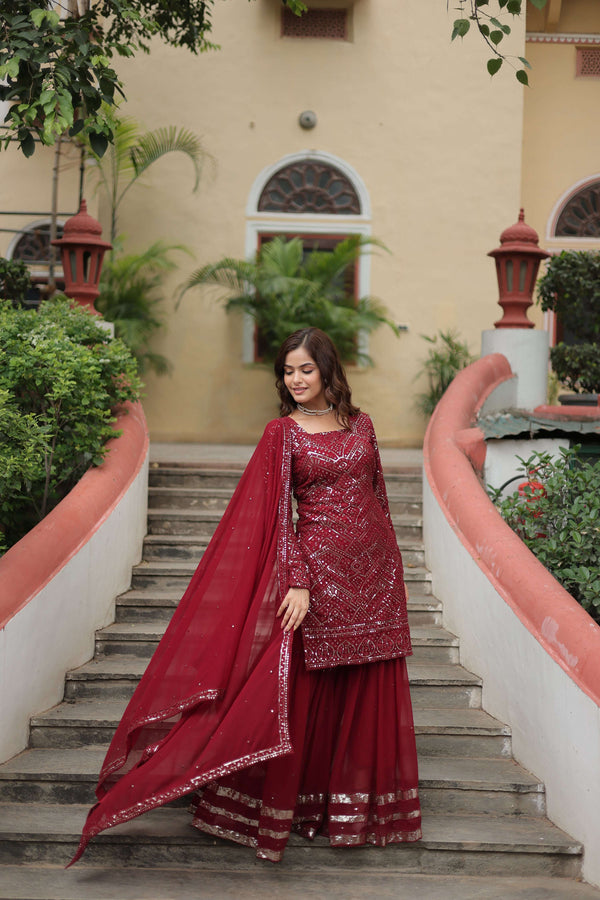 Jyoti Fashion Women's Maroon Faux Georgette Sequins Thread Embroidered Sharara Set with Dupatta - Distacart