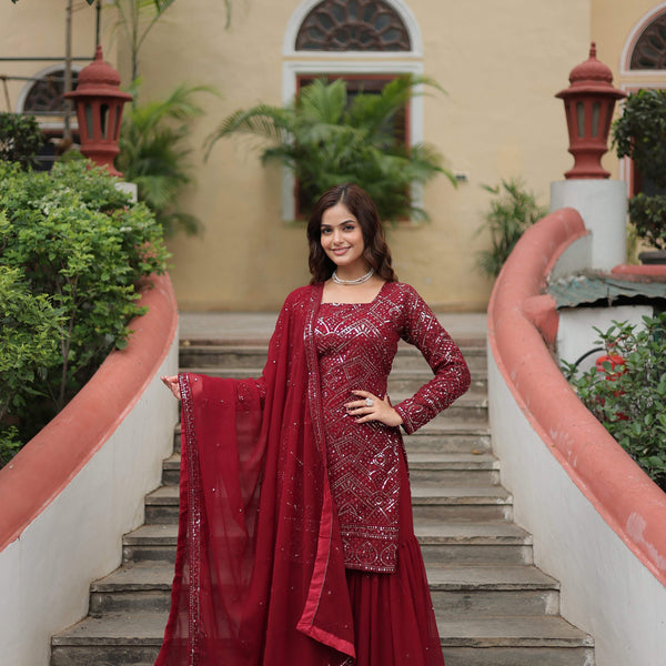 Jyoti Fashion Women's Maroon Faux Georgette Sequins Thread Embroidered Sharara Set with Dupatta - Distacart