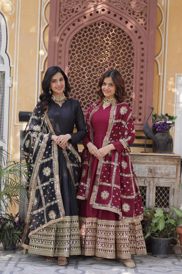 Jyoti Fashion Women's Black & Maroon Star Georgette Sequins Zari Embroidered Combo Anarkali Sets - Distacart