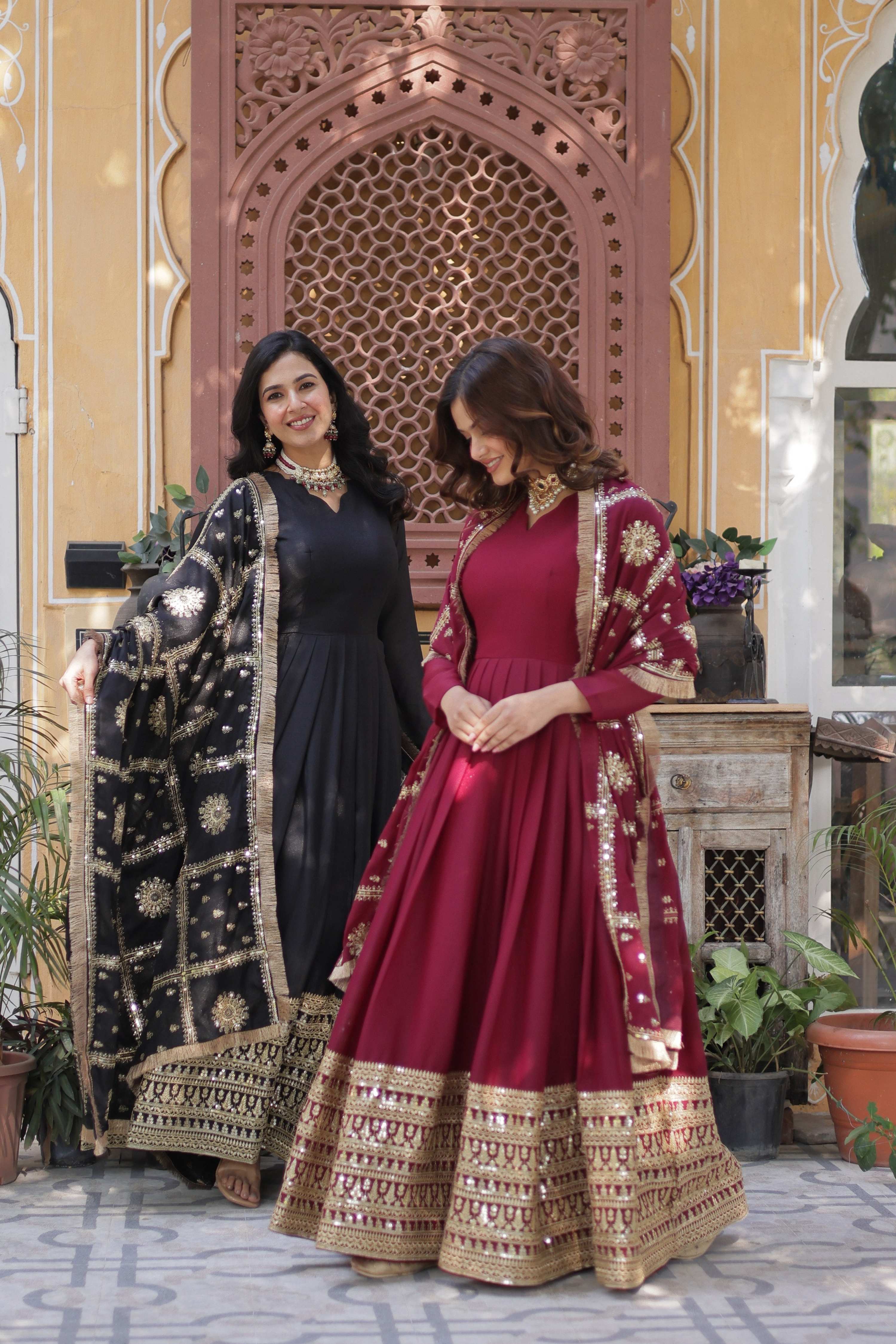 Jyoti Fashion Women's Black & Maroon Star Georgette Sequins Zari Embroidered Combo Anarkali Sets - Distacart
