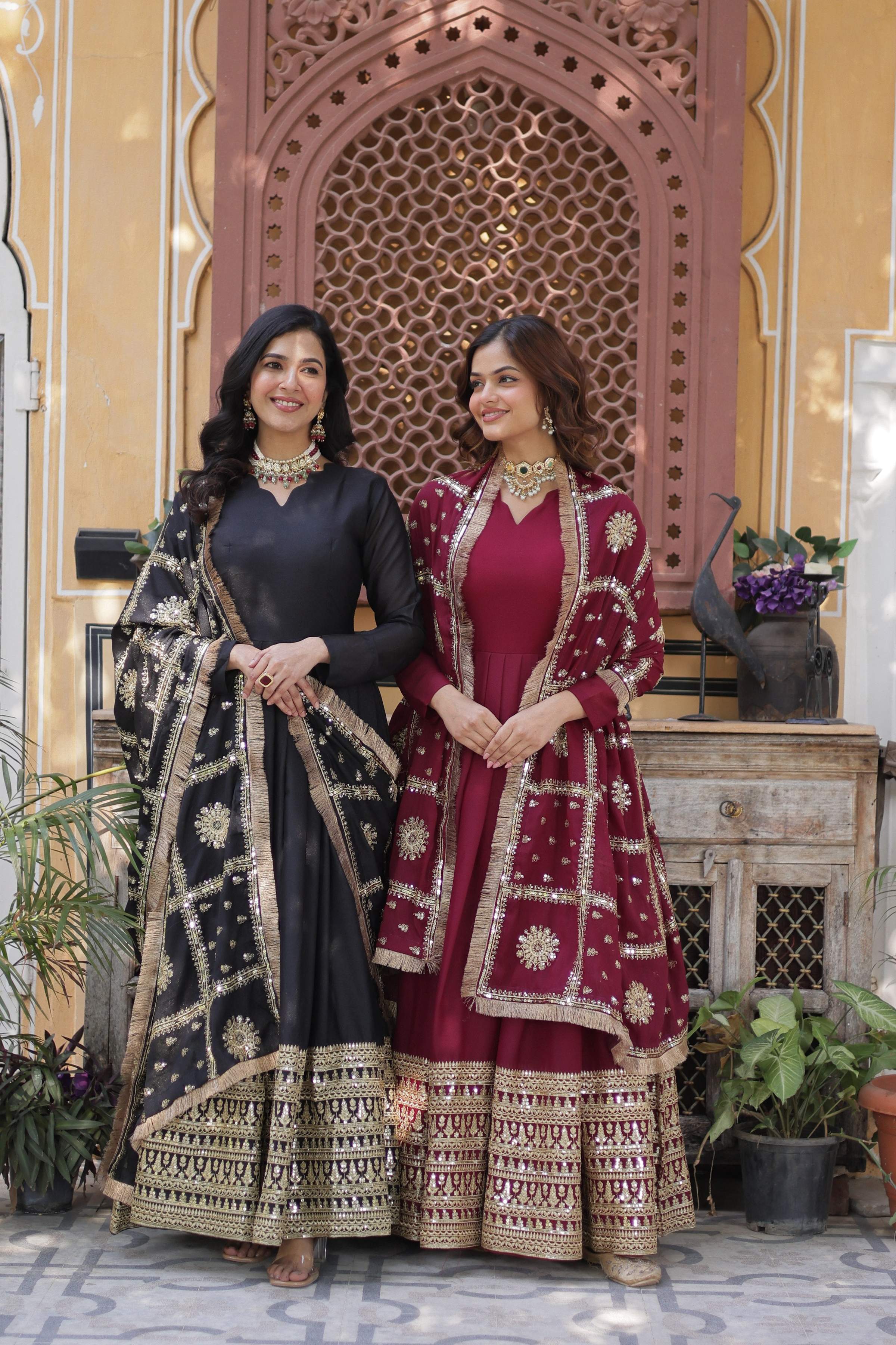 Jyoti Fashion Women's Black & Maroon Star Georgette Sequins Zari Embroidered Combo Anarkali Sets - Distacart