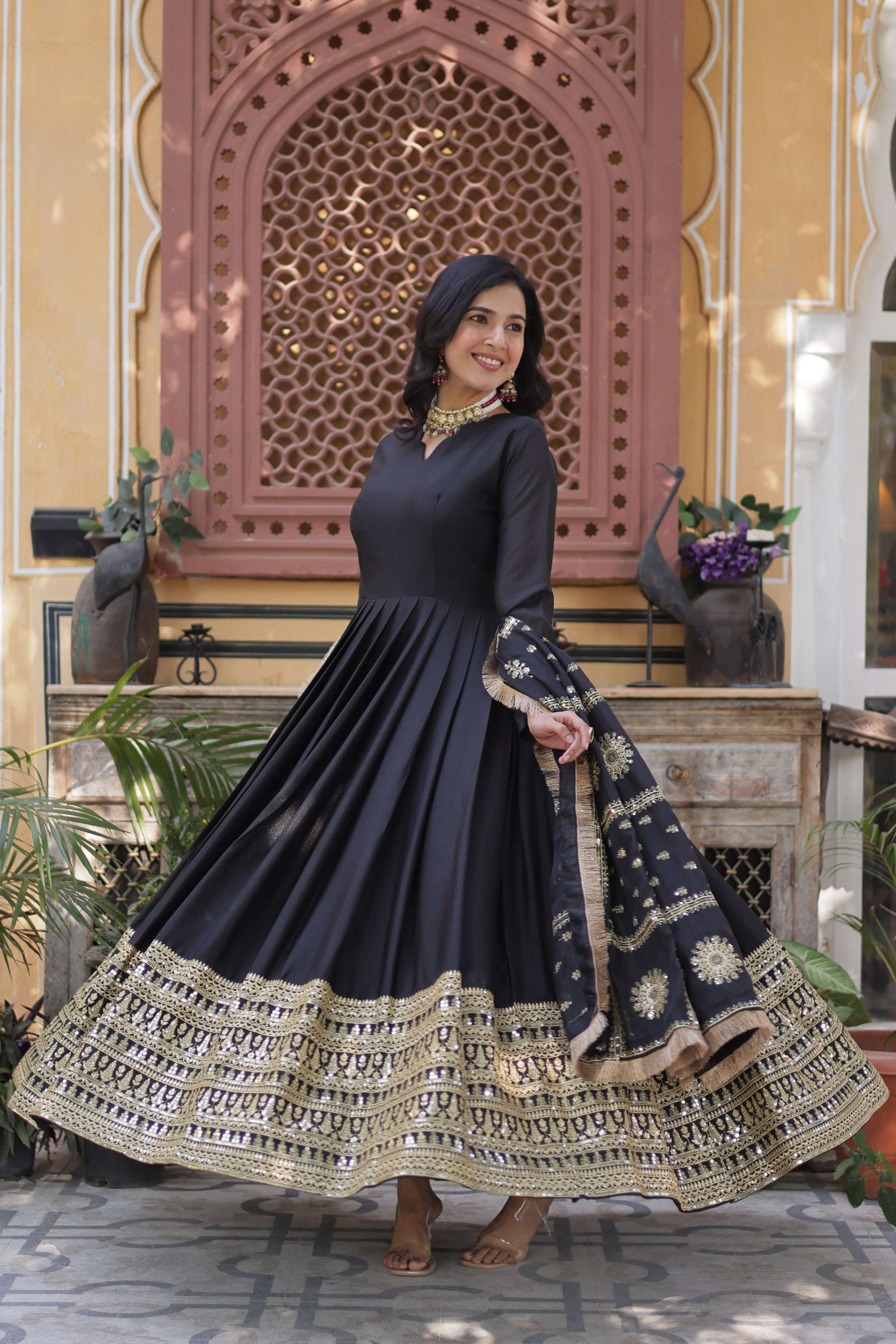 Jyoti Fashion Women's Black Star Georgette Sequins Zari Embroidered Long Anarkali Sets - Distacart