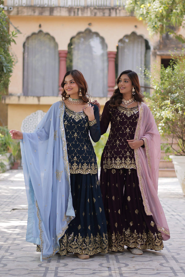 Jyoti Fashion Women's Rama & Wine Faux Blooming Sequins Embroidered Combo Sharara Set with Dupatta - Distacart