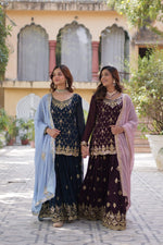 Thumbnail for Jyoti Fashion Women's Rama & Wine Faux Blooming Sequins Embroidered Combo Sharara Set with Dupatta - Distacart