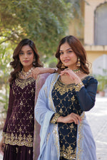 Thumbnail for Jyoti Fashion Women's Rama & Wine Faux Blooming Sequins Embroidered Combo Sharara Set with Dupatta - Distacart