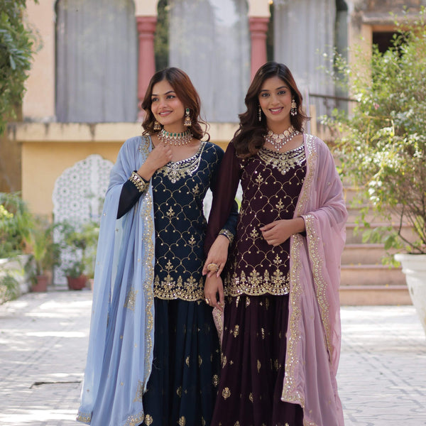 Jyoti Fashion Women's Rama & Wine Faux Blooming Sequins Embroidered Combo Sharara Set with Dupatta - Distacart