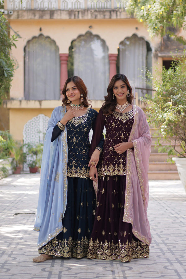 Jyoti Fashion Women's Rama & Wine Faux Blooming Sequins Embroidered Combo Sharara Set with Dupatta - Distacart