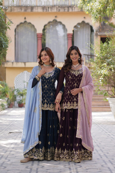 Jyoti Fashion Women's Rama & Wine Faux Blooming Sequins Embroidered Combo Sharara Set with Dupatta - Distacart