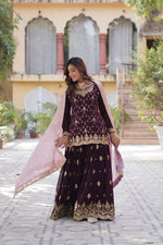 Thumbnail for Jyoti Fashion Women's Wine Faux Blooming Sequins Embroidered Sharara Set with Dupatta - Distacart
