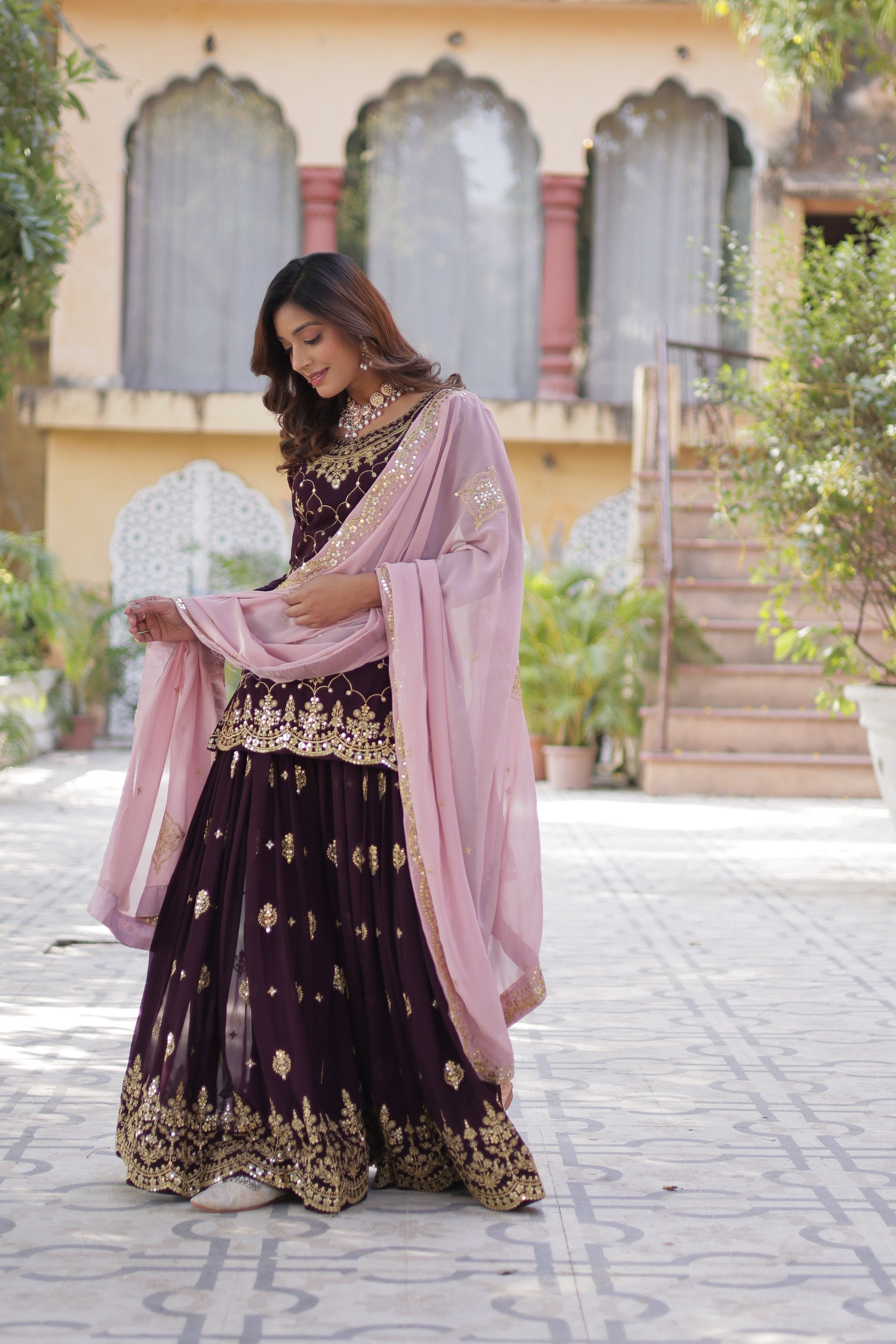 Jyoti Fashion Women's Wine Faux Blooming Sequins Embroidered Sharara Set with Dupatta - Distacart
