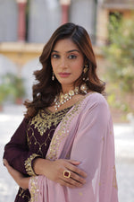 Thumbnail for Jyoti Fashion Women's Wine Faux Blooming Sequins Embroidered Sharara Set with Dupatta - Distacart