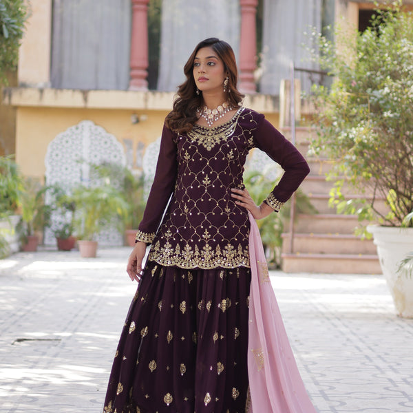 Jyoti Fashion Women's Wine Faux Blooming Sequins Embroidered Sharara Set with Dupatta - Distacart