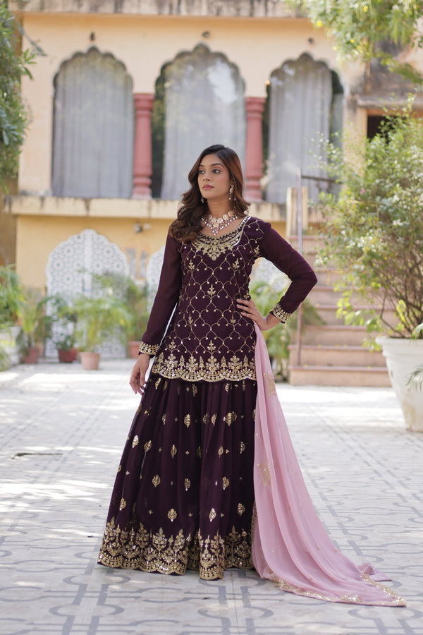 Jyoti Fashion Women's Wine Faux Blooming Sequins Embroidered Sharara Set with Dupatta - Distacart