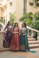Thumbnail for Jyoti Fashion Women's Purple, Gajri & Rama Faux Georgette Rich Sequins Embroidered Combo Anarkali Set with Dupatta - Distacart