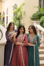 Thumbnail for Jyoti Fashion Women's Purple, Gajri & Rama Faux Georgette Rich Sequins Embroidered Combo Anarkali Set with Dupatta - Distacart