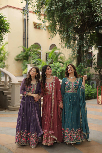 Jyoti Fashion Women's Purple, Gajri & Rama Faux Georgette Rich Sequins Embroidered Combo Anarkali Set with Dupatta - Distacart
