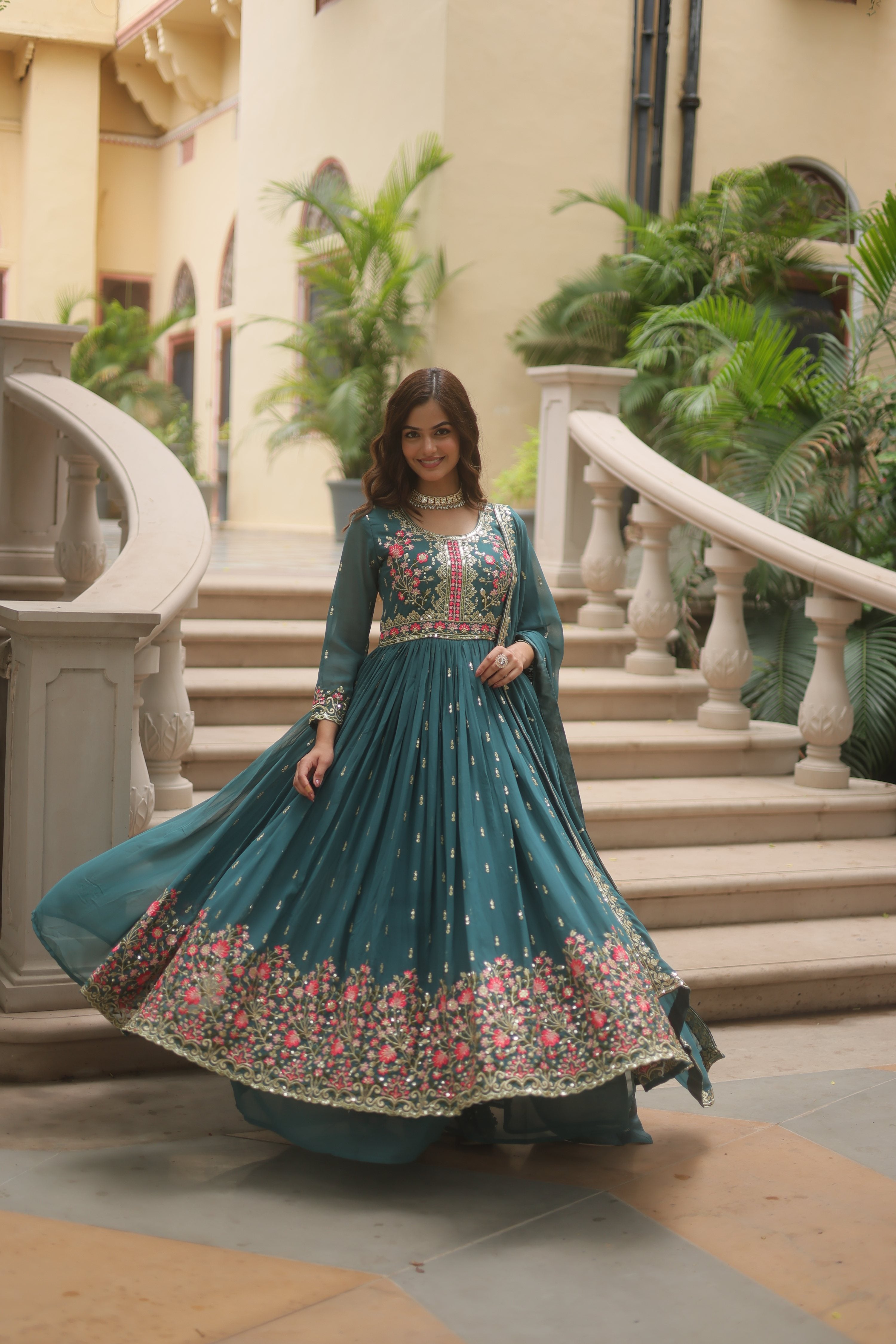 Jyoti Fashion Women's Rama Faux Georgette Rich Sequins Embroidered Anarkali Set with Dupatta - Distacart